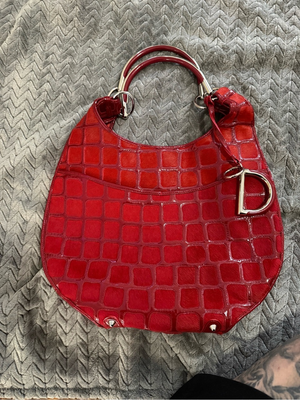 Christian Dior Vintage Red Pony Hair Hobo Bag with Metal D-Ring Accent